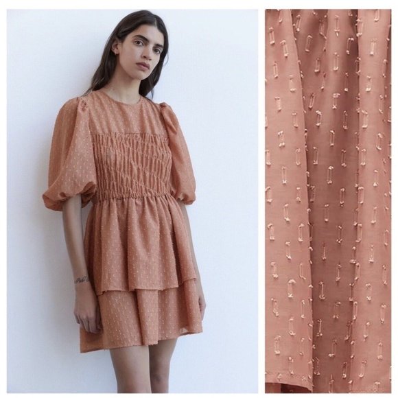 ZARA Dress Womens Medium Clip Dot Ruffle Mini Dress‎ Smocked Boho Chic Coral - Picture 5 of 8